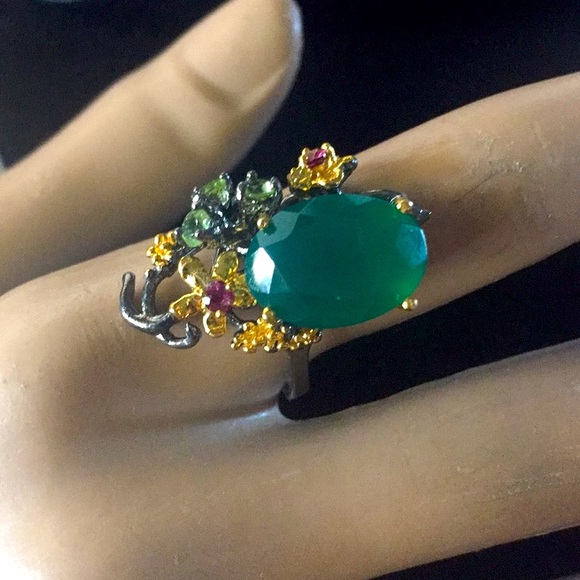 NATURAL Aventurine Peridot Garnet SS 925 RING - Picture 2 of 13